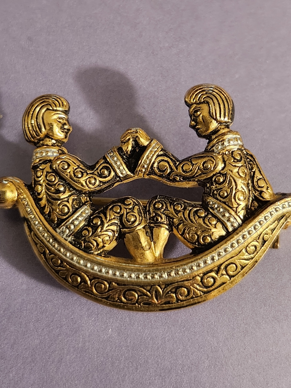 Vintage Damascene Sweetheart Boat Brooch